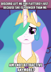 Size: 508x720 | Tagged: safe, edit, edited screencap, screencap, princess celestia, pony, g4, twilight's kingdom, bronybait, caption, cropped, female, image macro, implied discord, implied discoshy, implied dislestia, implied fluttershy, implied shipping, implied straight, jealous, meme, sad, solo