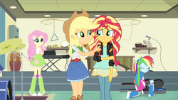 Size: 1280x720 | Tagged: safe, screencap, applejack, fluttershy, rainbow dash, sunset shimmer, equestria girls, g4, my little pony equestria girls: friendship games, applejack's skirt, bongos, boots, clothes, denim, denim skirt, drum kit, drums, electric guitar, female, guitar, high heel boots, maracas, microphone, musical instrument, skirt, socks, tambourine, triangle