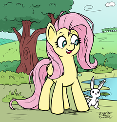 Size: 3691x3840 | Tagged: safe, artist:corsairsedge, angel bunny, fluttershy, pegasus, pony, rabbit, g4, animal, female, high res, mare, messy mane, tree, water