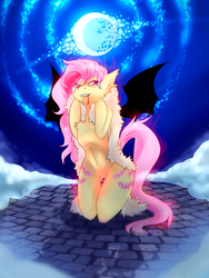 Size: 1024x1365 | Tagged: dead source, safe, artist:naminzo, fluttershy, bat pony, pony, vampire, semi-anthro, g4, belly, belly button, blood, drool, featureless crotch, female, flutterbat, kneeling, looking at you, mare, moonlight, solo