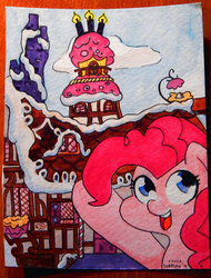 Size: 600x788 | Tagged: safe, artist:coggler, artist:frog&cog, artist:gopherfrog, pinkie pie, g4, female, solo, sugarcube corner, traditional art