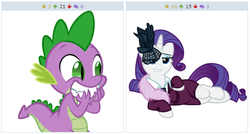 Size: 516x276 | Tagged: safe, rarity, spike, derpibooru, g4, my little pony: friendship is magic, rarity investigates, bedroom eyes, clothes, couch, draw me like one of your french girls, dress, exploitable meme, female, juxtaposition, juxtaposition win, male, meme, meta, pose, ship:sparity, shipping, straight