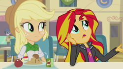 Size: 1280x720 | Tagged: safe, screencap, applejack, micro chips, sunset shimmer, equestria girls, g4, my little pony equestria girls: rainbow rocks, apple, apple fritter (food), cafeteria, chair, clothes, cowboy hat, food, hat, jacket, juice, juice box, leather jacket