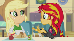 Size: 1280x720 | Tagged: safe, applejack, sunset shimmer, human, equestria girls, g4, my little pony equestria girls: rainbow rocks, apple, cafeteria, canterlot high, food