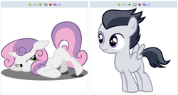 Size: 513x275 | Tagged: safe, artist:deathnyan, artist:sofunnyguy, rumble, sweetie belle, pegasus, pony, unicorn, derpibooru, g4, bedroom eyes, colt, female, filly, foal, juxtaposition, juxtaposition win, male, meme, meta, nose wrinkle, pose, scrunchy face, shadow, ship:rumbelle, shipping, straight