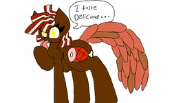 Size: 1600x960 | Tagged: safe, artist:chillywilly, oc, oc only, oc:niku meatpone, food pony, original species, bacon hair, food, horse meat, meat, meatpone, solo, what has science done