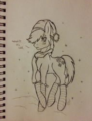 Size: 729x960 | Tagged: safe, artist:serenity, double diamond, g4, clothes, male, monochrome, sketch, snow, snowfall, socks, solo, striped socks, traditional art, winter