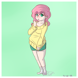 Size: 1250x1250 | Tagged: safe, artist:vvincentt, fluttershy, human, g4, clothes, female, humanized, shorts, socks, solo, sweater, sweatershy