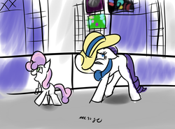 Size: 1280x948 | Tagged: safe, artist:mxcoriginal, rarity, sweetie belle, g4, convention, hat, my little art challenge