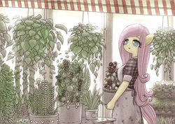 Size: 2168x1535 | Tagged: safe, artist:sigpi, fluttershy, bird, anthro, g4, ambiguous facial structure, apron, clothes, female, flower, plants, potted plant, shirt, solo