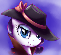 Size: 2578x2307 | Tagged: safe, artist:otakuap, rarity, g4, rarity investigates, clothes, female, hat, high res, looking at you, portrait, smiling, smirk, solo, style emulation