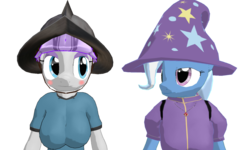 Size: 1280x768 | Tagged: safe, artist:ray670, maud pie, trixie, earth pony, anthro, g4, 3d, blushing, female, hat, helmet, lesbian, ship:mauxie, shipping