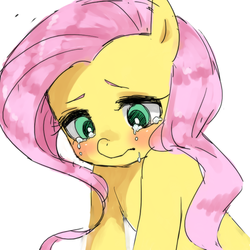 Size: 600x600 | Tagged: safe, artist:y0wai, fluttershy, g4, crying, female, looking down, sad, simple background, solo, white background, wingless