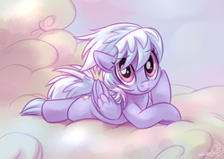 Size: 4000x2850 | Tagged: safe, artist:whitediamonds, cloudchaser, pegasus, pony, g4, cloud, cloudy, cute, cutechaser, eyebrows, eyebrows visible through hair, female, folded wings, high res, looking at you, mare, on a cloud, prone, signature, smiling, smiling at you, solo, wings