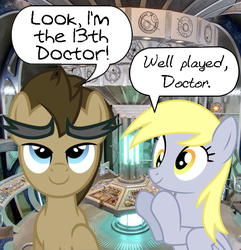 Size: 655x680 | Tagged: safe, derpy hooves, doctor whooves, time turner, earth pony, pegasus, pony, g4, attack eyebrows, doctor who, eyebrows, female, male, mare, peter capaldi, stallion, tardis, tardis console room, tardis control room, the doctor, twelfth doctor