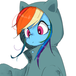 Size: 1000x1000 | Tagged: safe, artist:y0wai, rainbow dash, pony, g4, cat hoodie, clothes, cute, female, hoodie, mare, parka, pixiv, simple background, solo, white background