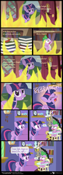 Size: 825x2273 | Tagged: safe, artist:dm29, discord, spike, twilight sparkle, alicorn, pony, g4, adventure in the comments, chair, comic, duo, female, fire, golden oaks library, harsher in hindsight, highchair, mare, the lady and the tiger, the lady or the tiger, twilight sparkle (alicorn)