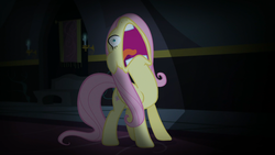 Size: 1920x1080 | Tagged: safe, screencap, fluttershy, pegasus, pony, g4, scare master, season 5, d:, dark, ears back, faic, female, flutterscream, fluttershy is best facemaker, folded wings, frown, indoors, majestic as fuck, mare, nose in the air, open mouth, scared, screaming, solo, standing, teeth, throat, tongue out, twilight's castle, uvula, volumetric mouth, wide eyes, yelling