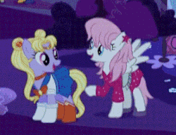 Size: 278x213 | Tagged: safe, screencap, apple bloom, celena, gem glitter, scootaloo, snails, snips, sweetie belle, earth pony, pegasus, pony, unicorn, g4, scare master, season 5, animated, clothes, cutie mark crusaders, female, filly, foal, jem, jem and the holograms, mare, non-looping gif, sailor moon, sailor moon (series), uniform, wonderbolts uniform