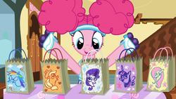 Size: 1364x768 | Tagged: safe, screencap, pinkie pie, earth pony, pony, g4, scare master, alternate hairstyle, clothes, costume, customized, female, headband, mare, nightmare night, nightmare night costume, paper bag, pinkie puffs, roller skates, sugarcube corner