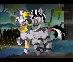 Size: 1280x1092 | Tagged: safe, artist:spookyle, zecora, oc, oc:zeil, changeling, zebra, g4, canon x oc, disguise, disguised changeling, everfree forest, fanfic, fanfic art, flower, forest, shipping