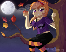 Size: 1280x1024 | Tagged: safe, artist:spookyle, oc, oc only, oc:pumpkin patch, bat pony, human, apple, clothes, costume, humanized, humanized oc, midriff, moon, night, nightmare night costume, sitting, sitting in a tree, skirt, solo, tank top, tree