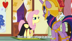 Size: 640x360 | Tagged: safe, screencap, fluttershy, twilight sparkle, alicorn, pegasus, pony, g4, scare master, animated, armor, armor skirt, athena sparkle, butt, clothes, costume, cute, female, mare, nightmare night, nightmare night costume, out of context, plot, royal guard armor, shyabetes, skirt, sneaking, subtitles, sugarcube corner, tail upskirt, technically an upskirt shot, twibutt, twilight sparkle (alicorn), upskirt