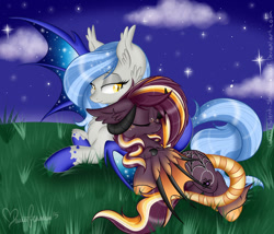 Size: 1024x878 | Tagged: safe, artist:pvrii, oc, oc only, oc:midnight radiance, oc:samhain, bat pony, pony, night