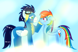 Size: 1024x683 | Tagged: safe, artist:xxmoon-dancerxx, rainbow dash, soarin', pegasus, pony, g4, clothes, duo, female, male, mare, ship:soarindash, shipping, stallion, straight, uniform, wonderbolts uniform