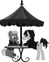 Size: 2660x3362 | Tagged: safe, artist:sketchmcreations, modus ponens, natural deduction, pony, g4, rarity investigates, background pony, clothes, duo, grayscale, high res, jacket, john watson, male, monochrome, reference, sherlock, sherlock holmes, simple background, stallion, table, transparent background, vector