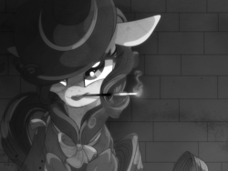 Size: 8000x6000 | Tagged: safe, artist:elskafox, rarity, g4, rarity investigates, absurd resolution, cigarette, cigarette holder, detective, detective rarity, female, grayscale, hat, lipstick, monochrome, smoking, solo