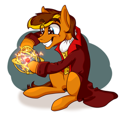 Size: 2200x1972 | Tagged: safe, artist:sigmanas, oc, oc only, oc:roswell rivet, earth pony, pony, clothes, coat, electricity, excited, gyroscope, male, neckerchief, smiling, solo, stallion, starry eyes, vest