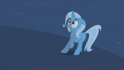 Size: 1280x720 | Tagged: safe, screencap, trixie, pony, unicorn, boast busters, g4, ears back, female, frown, gritted teeth, looking up, mare, raised hoof, scared, solo, wide eyes