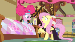 Size: 700x394 | Tagged: safe, screencap, fluttershy, pinkie pie, earth pony, pegasus, pony, g4, scare master, animated, bag, candy, clothes, costume, duo, female, mare, nightmare night costume, paper bag, pinkie puffs, roller skates, sugarcube corner