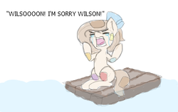 Size: 368x232 | Tagged: safe, artist:lockheart, oc, oc only, oc:raggie, original species, cast away, crying, dialogue, flockmod, ocean, raft, solo, text, water, wilson (cast away)