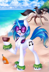 Size: 683x1000 | Tagged: safe, artist:limreiart, dj pon-3, octavia melody, vinyl scratch, g4, alcohol, beach, drink, duo, fanfic art, headphones, magic, rum, scene interpretation, telekinesis