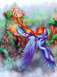 Size: 700x952 | Tagged: safe, artist:limreiart, rainbow dash, g4, female, flying, sad, solo, temple