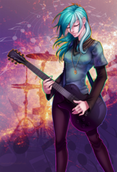 Size: 683x1000 | Tagged: safe, artist:limreiart, lyra heartstrings, human, fanfic:anthropology, g4, electric guitar, eyes closed, fanfic, fanfic art, female, guitar, humanized, music notes, musical instrument, solo