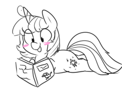 Size: 1280x920 | Tagged: safe, artist:pegacornss, twilight sparkle, pony, unicorn, g4, alternate hairstyle, blushing, book, cute, female, happy, monochrome, prone, reading, sketch, solo, twiabetes, unicorn twilight