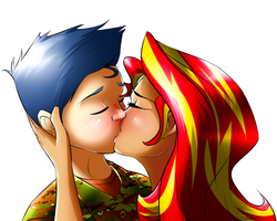 Size: 1280x1023 | Tagged: safe, flash sentry, sunset shimmer, human, g4, camouflage, female, humanized, kissing, male, ship:flashimmer, shipping, straight