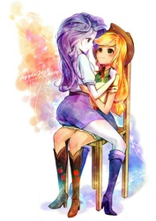 Size: 1240x1754 | Tagged: safe, artist:murasaki-to, applejack, rarity, equestria girls, g4, 2013, belt, blushing, boots, chair, clothes, cowboy boots, cowboy hat, denim skirt, duo, female, hat, high heel boots, lesbian, pixiv, rearity, ship:rarijack, shipping, shirt, shoes, simple background, skirt, stetson, straddling, white background