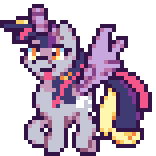 Size: 156x156 | Tagged: safe, artist:mrponiator, derpy hooves, twilight sparkle, alicorn, pony, g4, scare master, :p, alicorn costume, animated, clothes, costume, cute, derpabetes, derpicorn, fake horn, fake wings, female, mare, nightmare night costume, pixel art, prancing, princess, season 5 pixel art, simple background, smiling, solo, that was fast, toilet paper roll, toilet paper roll horn, tongue out, transparent background, twilight muffins, twilight sparkle (alicorn), twilight sparkle costume, weapons-grade cute, wig