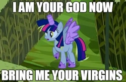 Size: 494x324 | Tagged: safe, derpy hooves, pegasus, pony, g4, scare master, alicorn costume, bring me your virgins, clothes, costume, fake horn, fake wings, female, i am your god now bring me your virgins, image macro, mare, meme, nightmare night costume, toilet paper roll, toilet paper roll horn, twilight muffins, wig