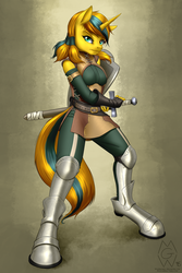 Size: 1024x1536 | Tagged: safe, artist:mykegreywolf, oc, oc only, oc:topaz bolt, unicorn, anthro, unguligrade anthro, armor, clothes, gloves, looking at you, shield, solo, sword, weapon