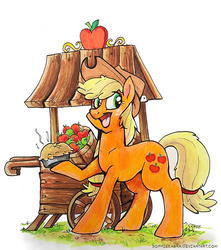 Size: 840x950 | Tagged: safe, artist:spainfischer, applejack, g4, apple, cart, female, open mouth, pie, raised hoof, solo, traditional art
