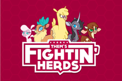 Size: 621x413 | Tagged: safe, artist:lauren faust, arizona (tfh), oleander (tfh), paprika (tfh), pom (tfh), velvet (tfh), alpaca, cow, deer, lamb, pony, reindeer, sheep, unicorn, them's fightin' herds, abstract background, community related, logo, red background, simple background