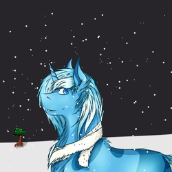 Size: 500x500 | Tagged: safe, artist:fire-scribe, oc, oc only, oc:snow sailor, pony, unicorn, clothes, horn, looking back, male, night, scarf, snow, snowfall, solo, stars, tree, unicorn oc