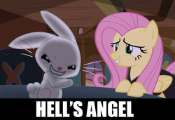 Size: 853x584 | Tagged: safe, edit, edited screencap, screencap, angel bunny, fluttershy, g4, scare master, angel is a bunny bastard, caption, evil smile, text