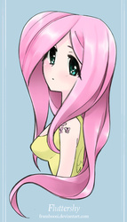 Size: 498x870 | Tagged: safe, artist:framboosi, fluttershy, human, g4, alternative cutie mark placement, female, humanized, shoulder cutie mark, solo