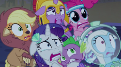 Size: 854x478 | Tagged: safe, screencap, applejack, pinkie pie, rainbow dash, rarity, spike, twilight sparkle, alicorn, pony, g4, scare master, applelion, astrodash, athena sparkle, clothes, costume, crying, dilated pupils, female, floppy ears, freaky faces, mare, mermarity, pinkie puffs, scared, shrunken pupils, twilight sparkle (alicorn)